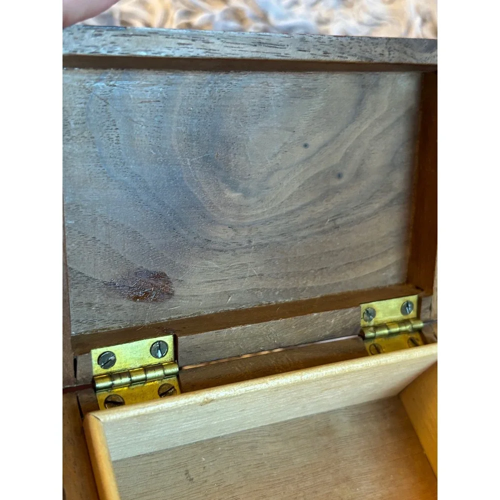 Vintage Handmade Wooden Trinket Box Inlaid Crescent Moon Small Keepsake Chest